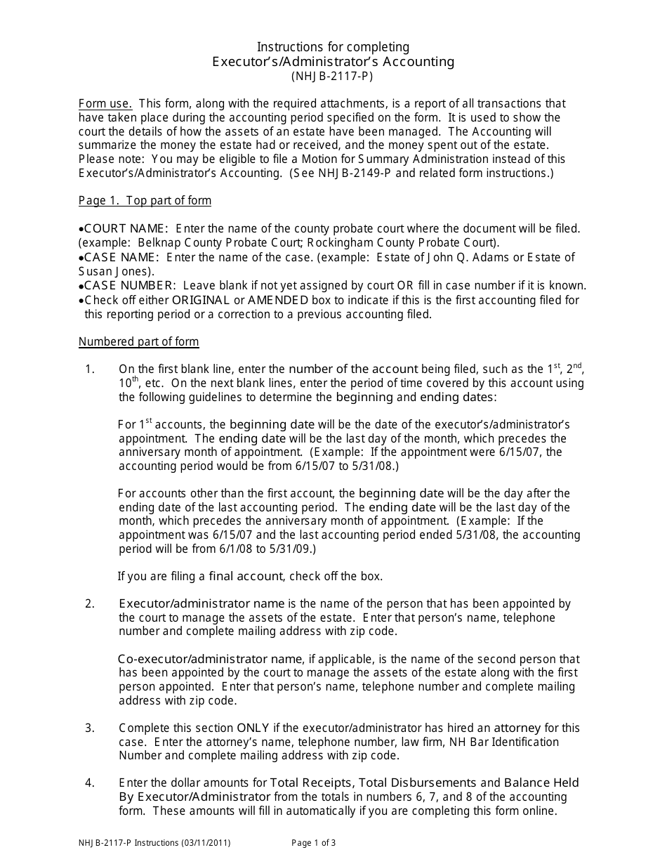 Instructions for Form NHJB-2117-P Executors / Administrators Accounting - New Hampshire, Page 1