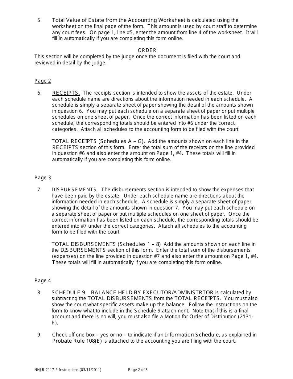 Instructions for Form NHJB-2117-P Executors / Administrators Accounting - New Hampshire, Page 2