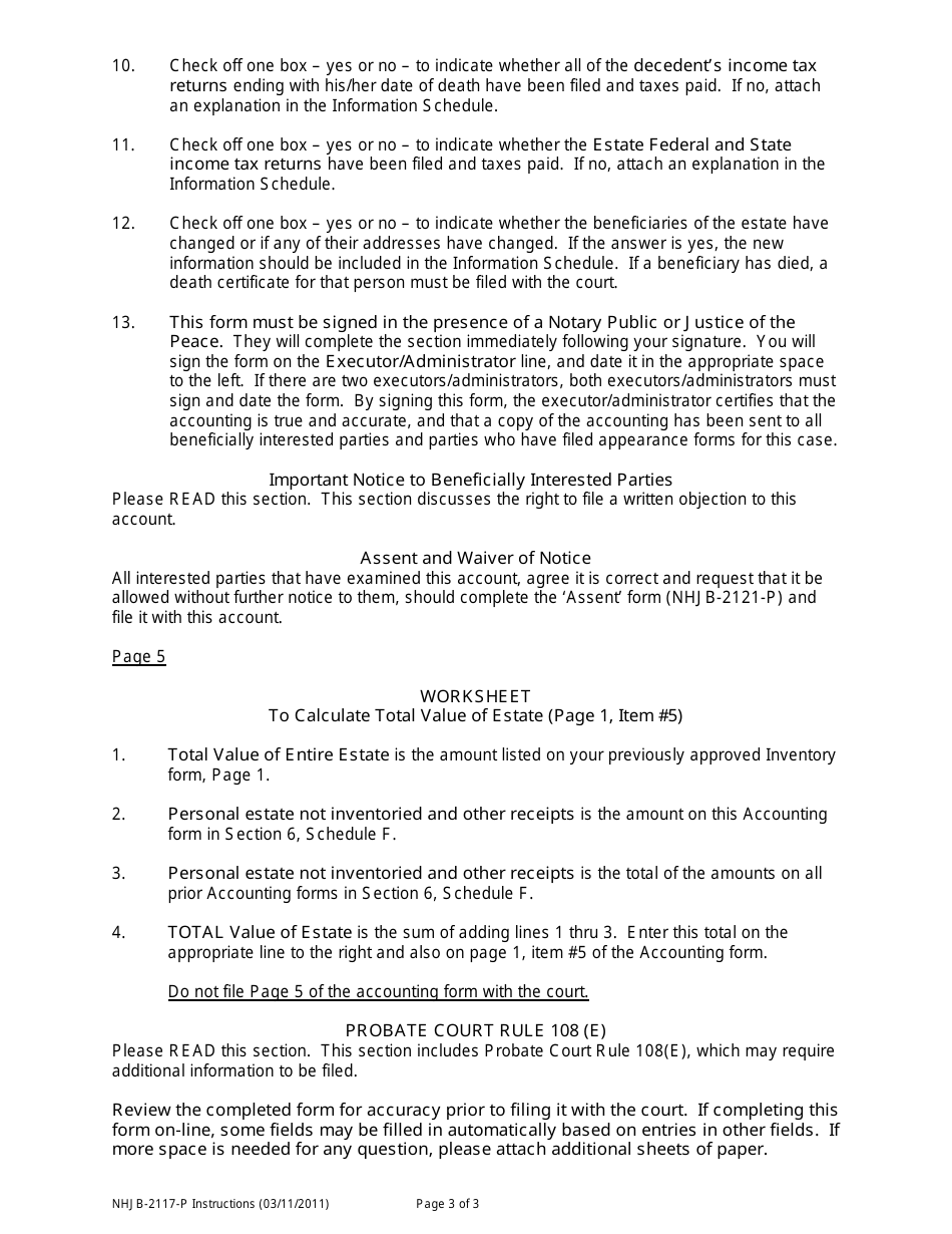 Instructions for Form NHJB-2117-P Executors / Administrators Accounting - New Hampshire, Page 3