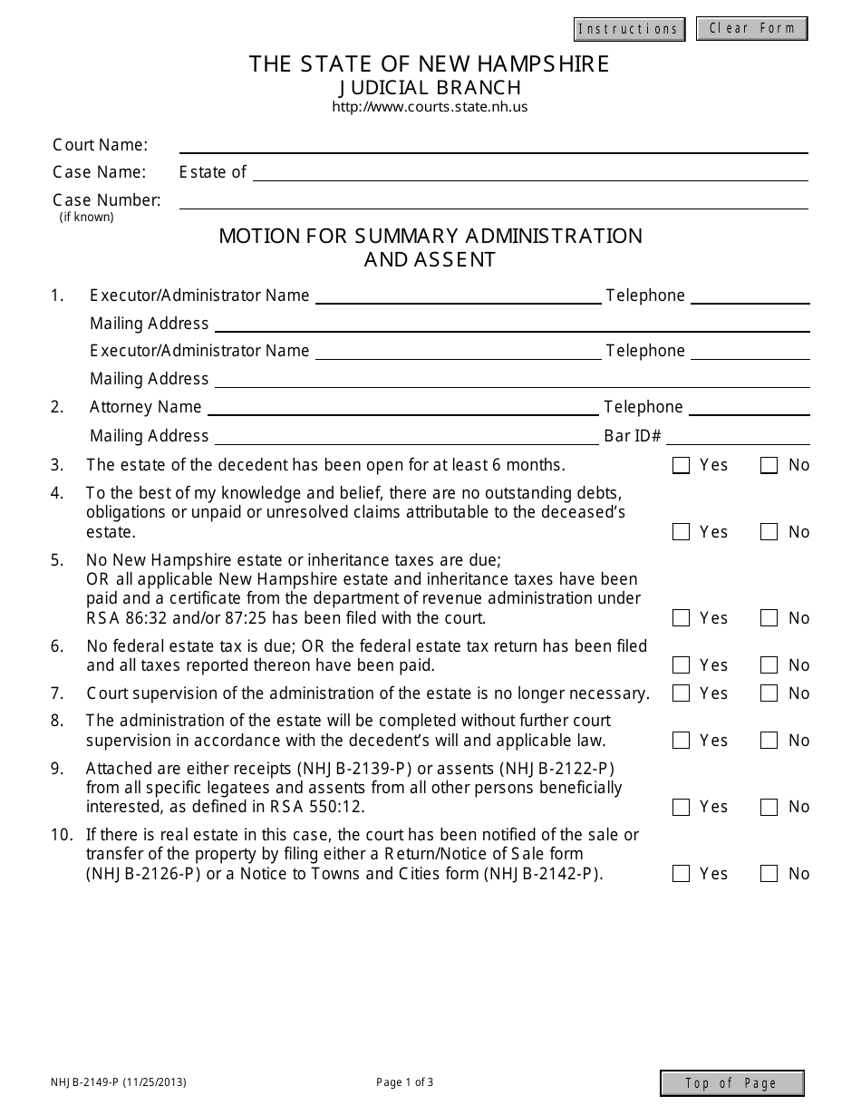 Form NHJB-2149-P Motion for Summary Administration and Assent - New Hampshire, Page 1