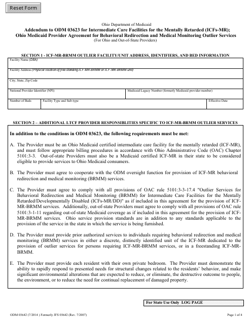 Form ODM03642 Addendum to Odm 03623 for Intermediate Care Facilities for the Mentally Retarded (Icfs/Mr): Behavioral Redirection and Medical Monitoring Outlier Services - Ohio