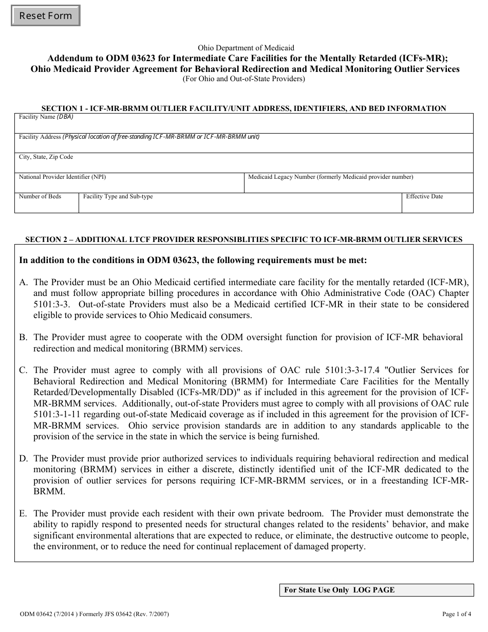 Form ODM03642 Addendum to Odm 03623 for Intermediate Care Facilities for the Mentally Retarded (Icfs / Mr): Behavioral Redirection and Medical Monitoring Outlier Services - Ohio, Page 1