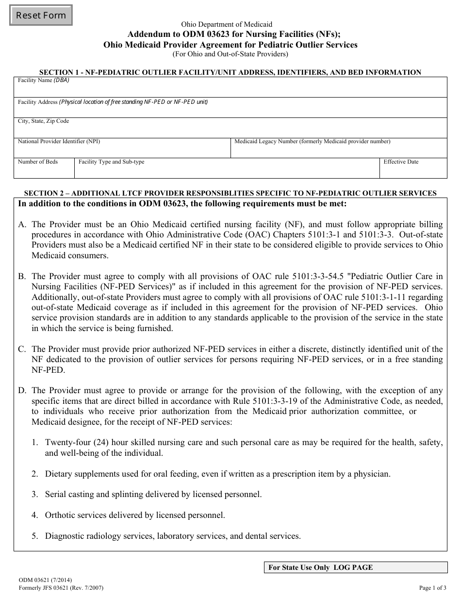 Form ODM03621 Addendum to Odm 03623 for Nursing Facilities (Nfs): Pediatric Outlier Services - Ohio, Page 1