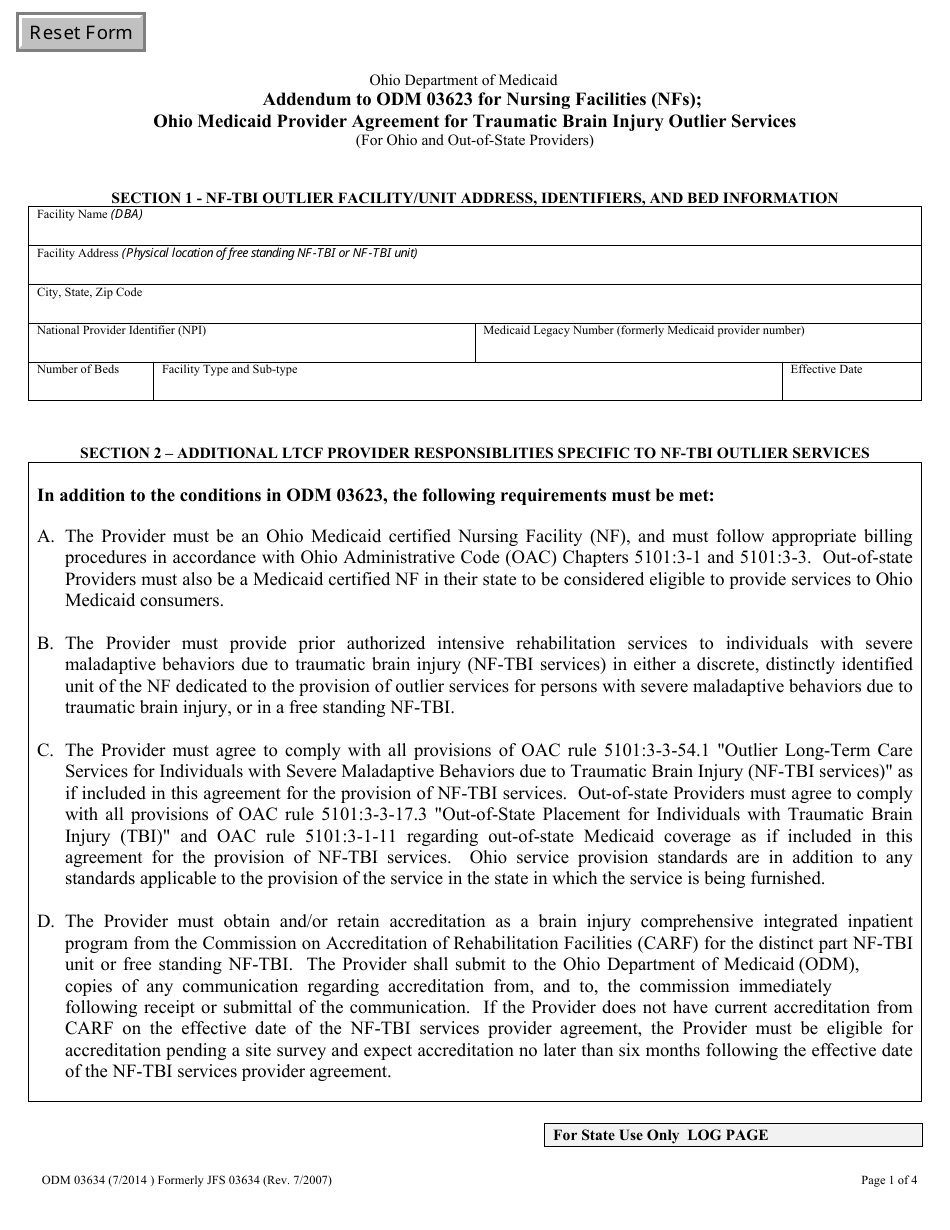 Form ODM03634 Addendum to Odm 03623 for Nursing Facilities (Nfs): Traumatic Brain Injury Outlier Services - Ohio, Page 1