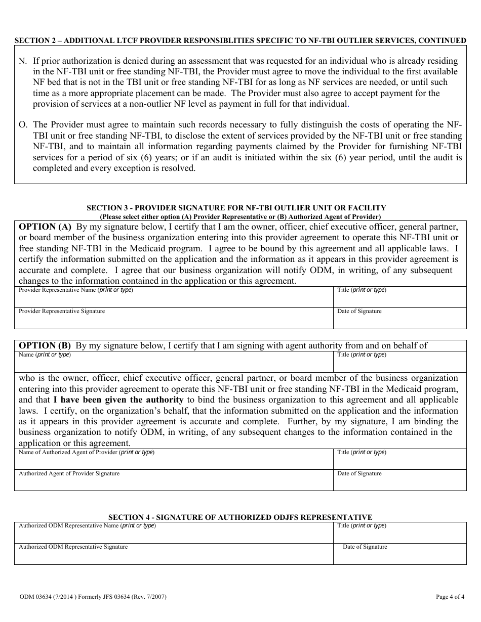 Form ODM03634 Addendum to Odm 03623 for Nursing Facilities (Nfs): Traumatic Brain Injury Outlier Services - Ohio, Page 4