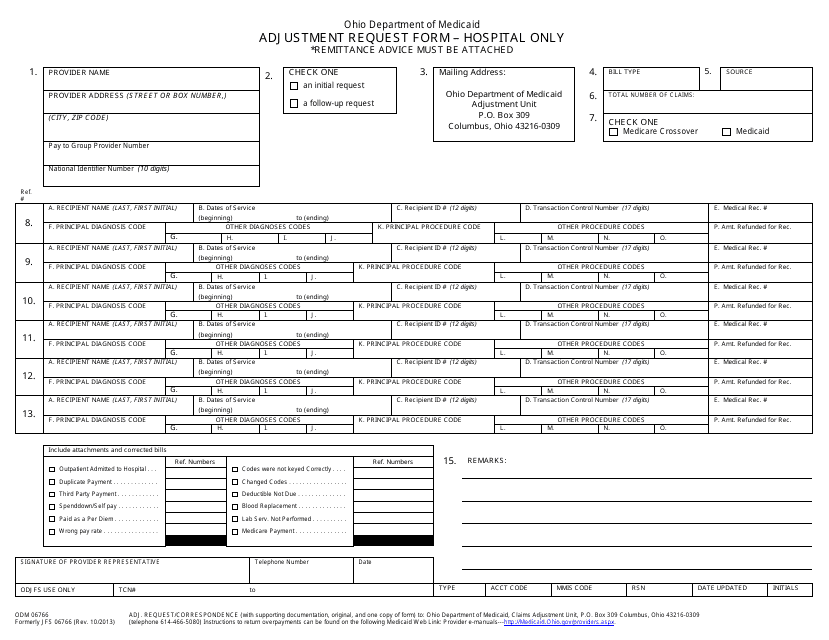 Form ODM06766 Adjustment Request Form - Hospital Only - Ohio