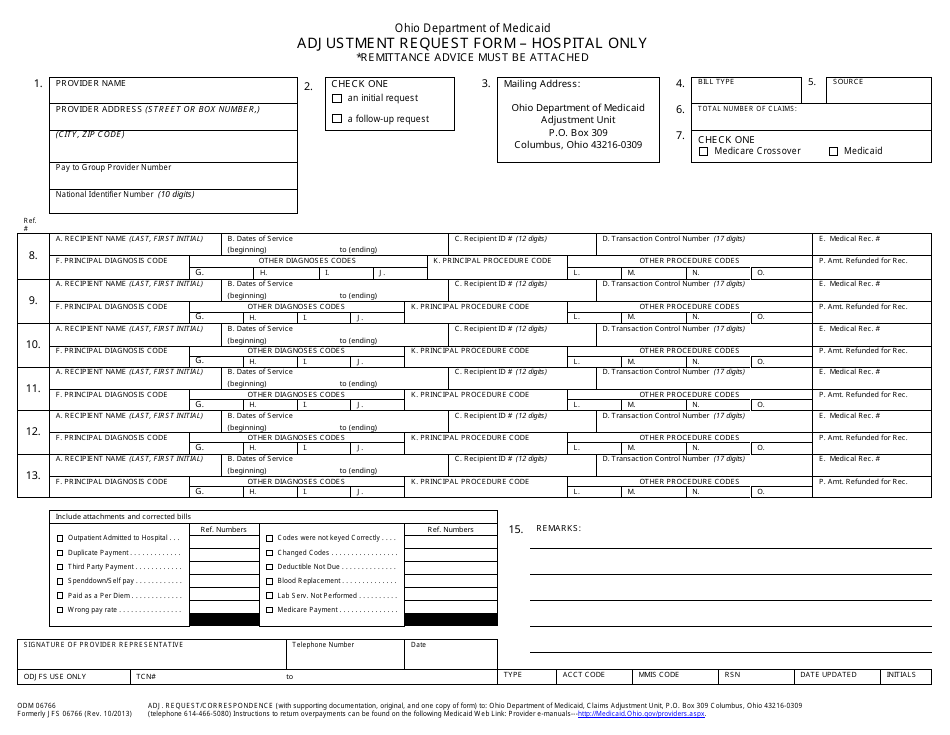 Form ODM06766 Adjustment Request Form - Hospital Only - Ohio, Page 1