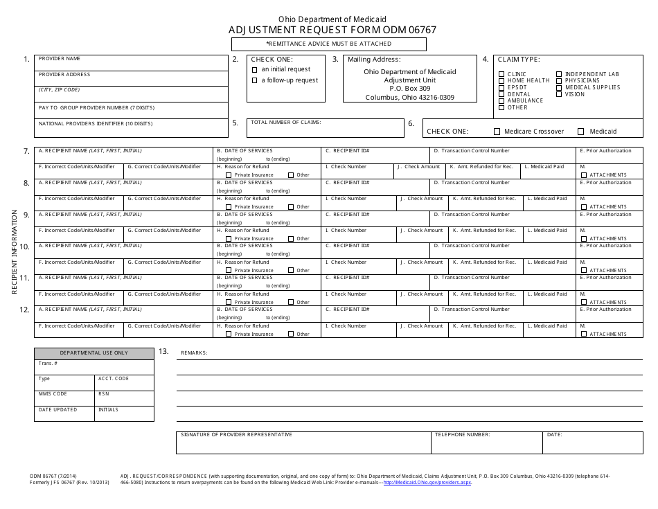 Form ODM06767 Adjustment Request Form - Ohio, Page 1