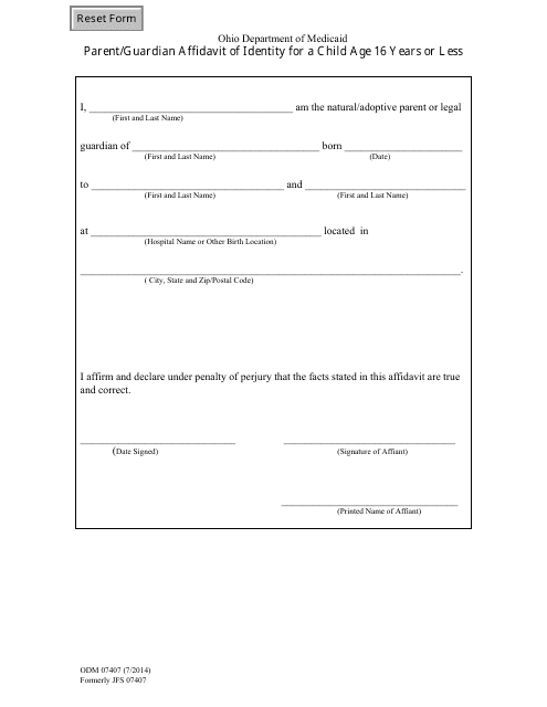 Form ODM07407 Parent/Guardian Affidavit of Identity for a Child Age 16 Years or Less - Ohio