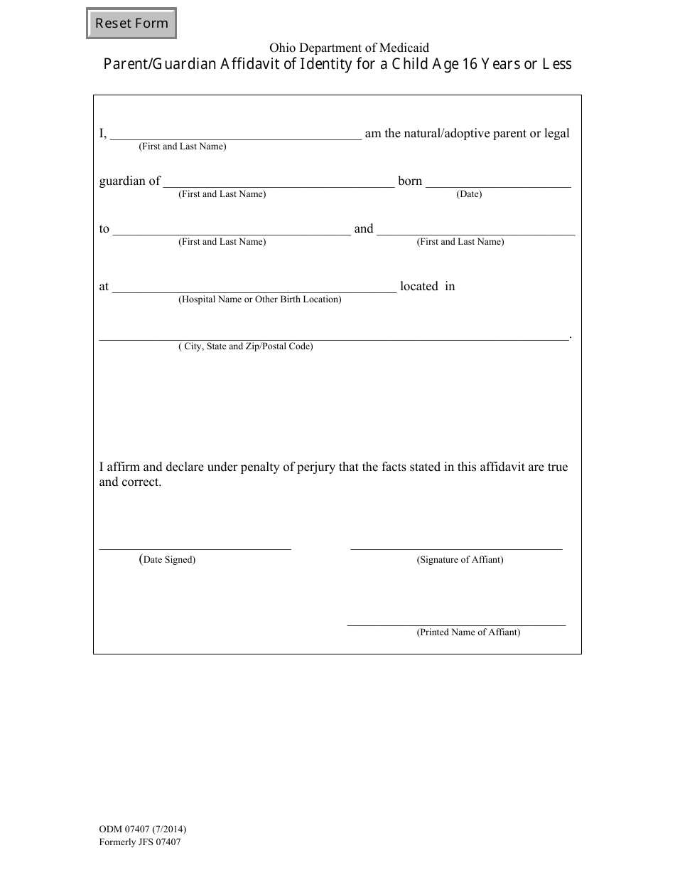 Form ODM07407 Parent / Guardian Affidavit of Identity for a Child Age 16 Years or Less - Ohio, Page 1