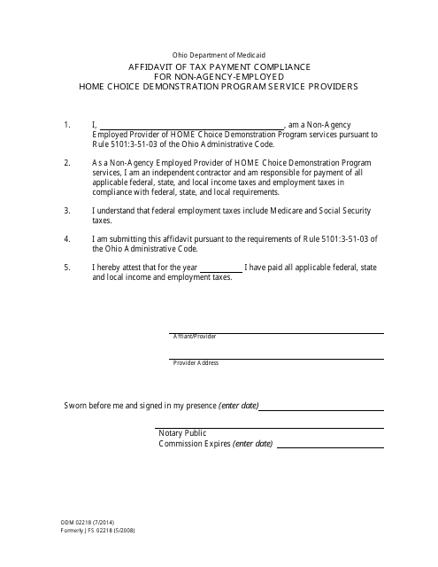 Form ODM02218 Affidavit of Tax Payment Compliance for Non-agency-Employed Home Choice Demonstration Program Service Providers - Ohio