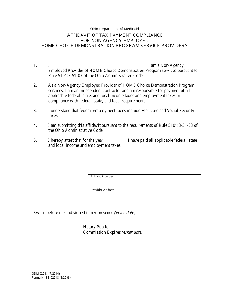 Form ODM02218 Affidavit of Tax Payment Compliance for Non-agency-Employed Home Choice Demonstration Program Service Providers - Ohio, Page 1