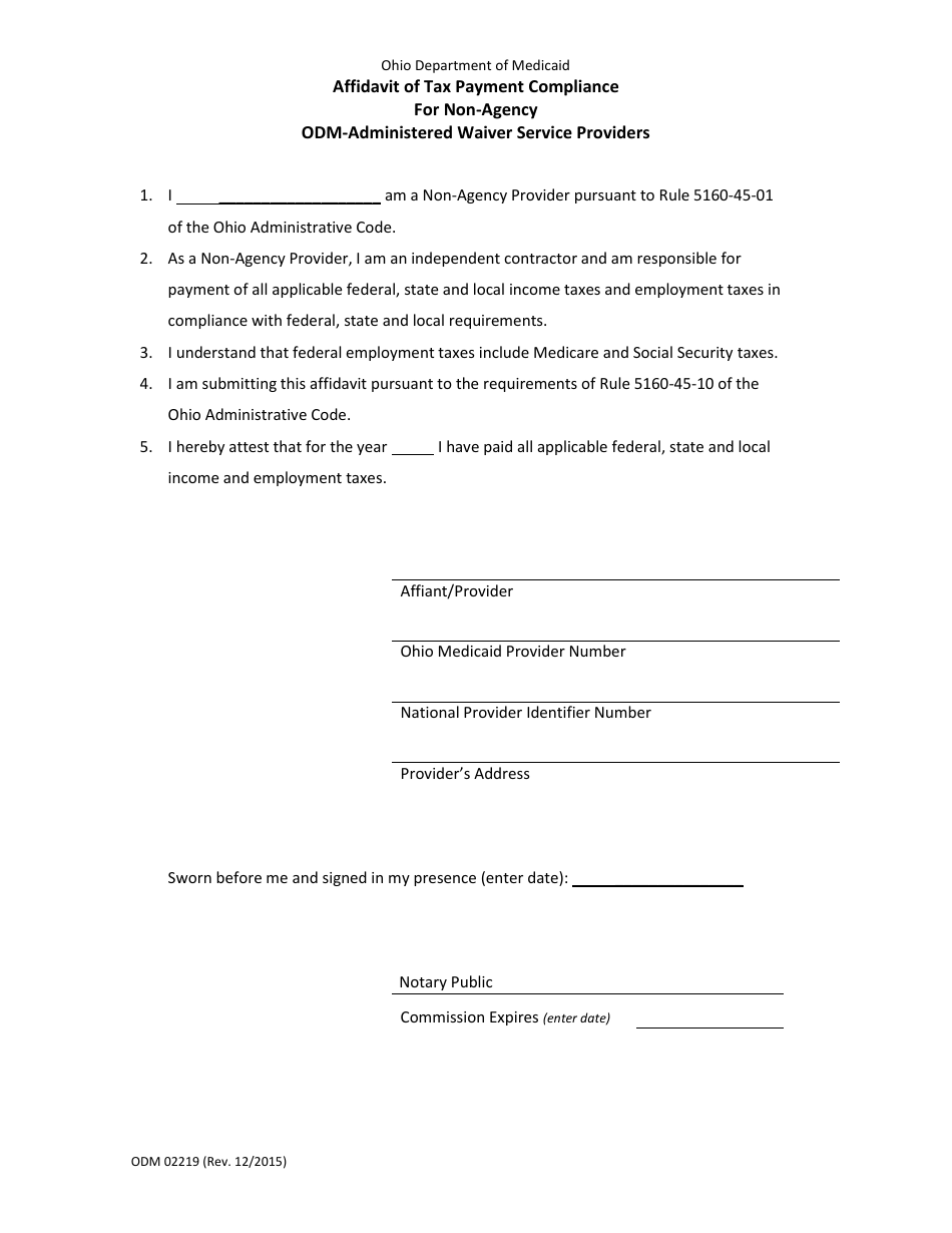 Form ODM02219 Affidavit of Tax Payment Compliance for Non-agency Odm-Administered Waiver Service Providers - Ohio, Page 1