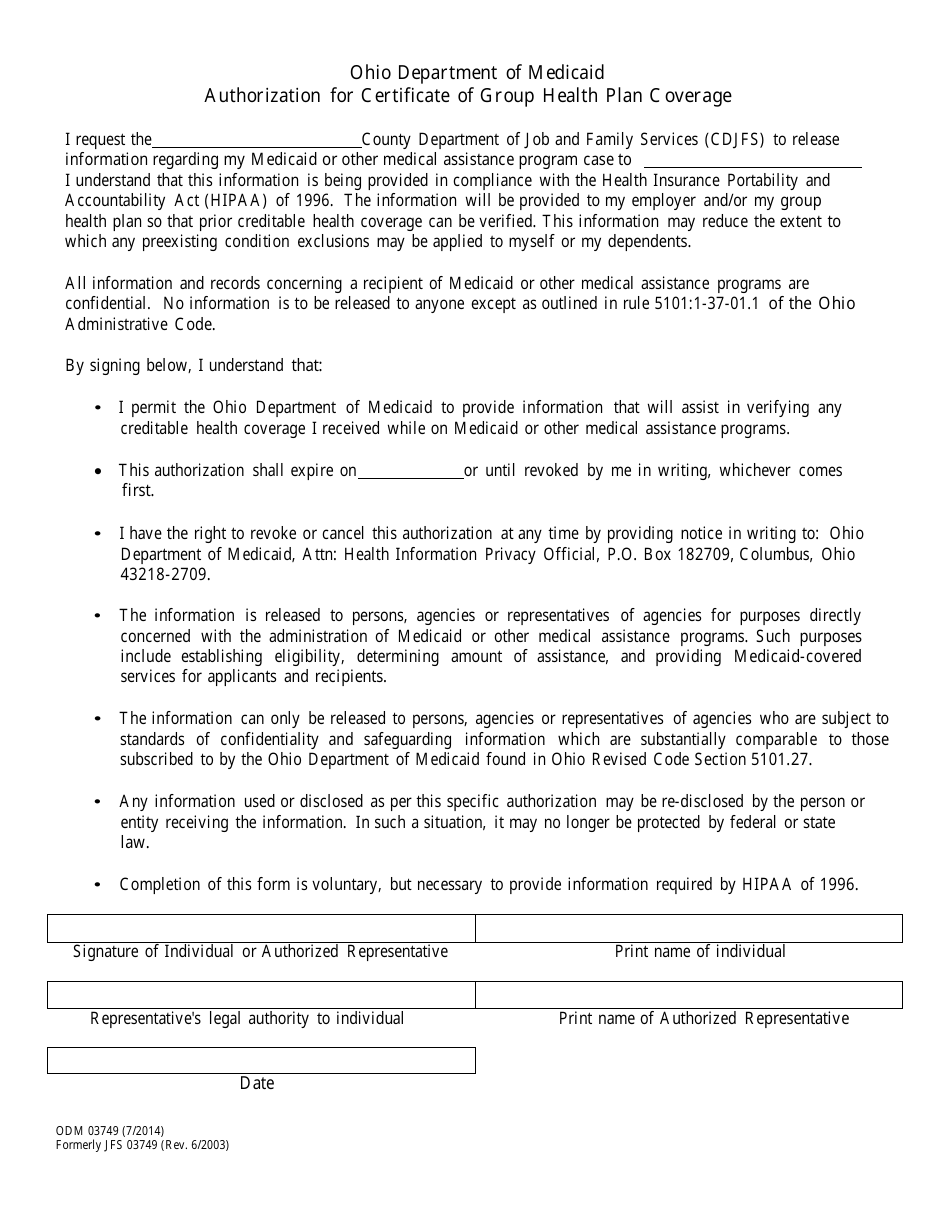 Form ODM03749 Authorization for Certificate of Group Health Plan Coverage - Ohio, Page 1