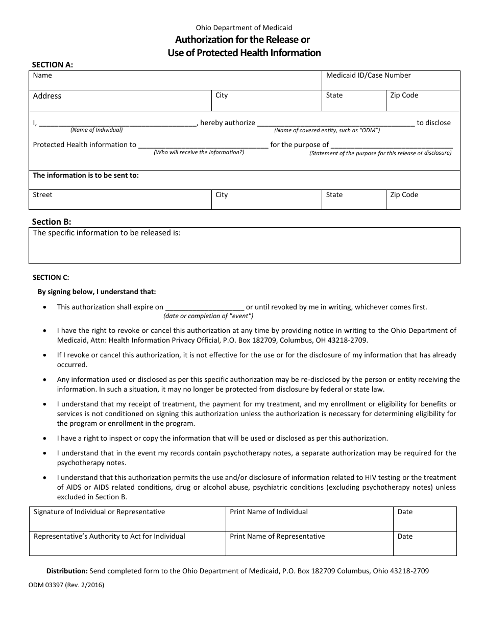 Form ODM03397 Authorization for the Release or Use of Protected Health Information - Ohio, Page 1