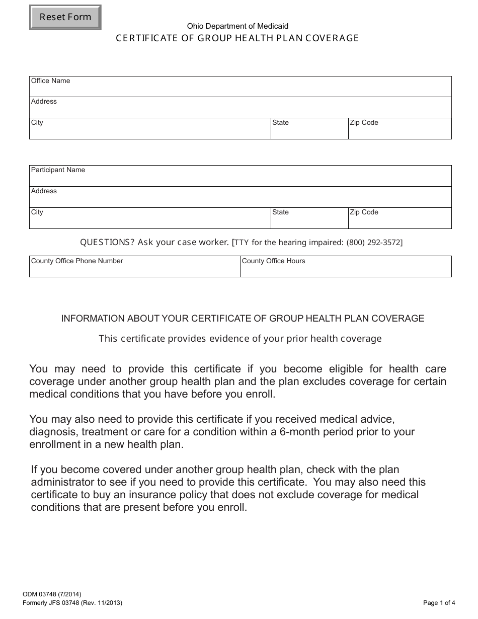 Form ODM03748 Certificate of Group Health Plan Coverage - Ohio, Page 1