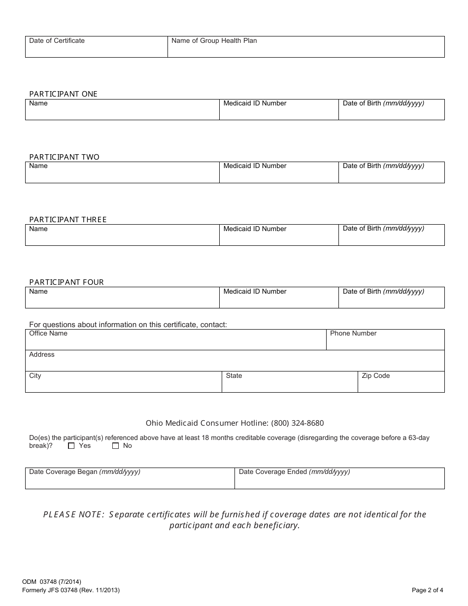 Form ODM03748 Certificate of Group Health Plan Coverage - Ohio, Page 2
