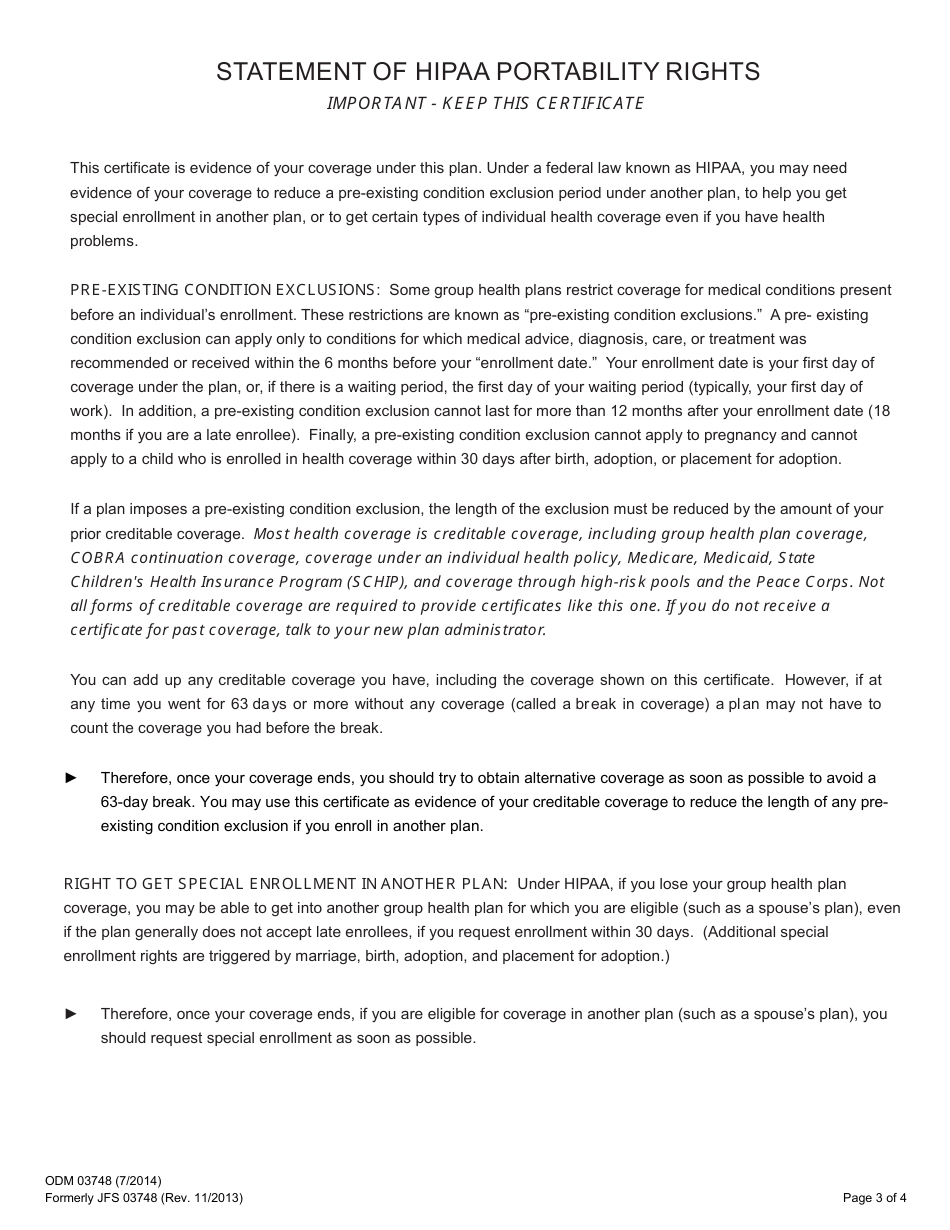 Form ODM03748 Certificate of Group Health Plan Coverage - Ohio, Page 3