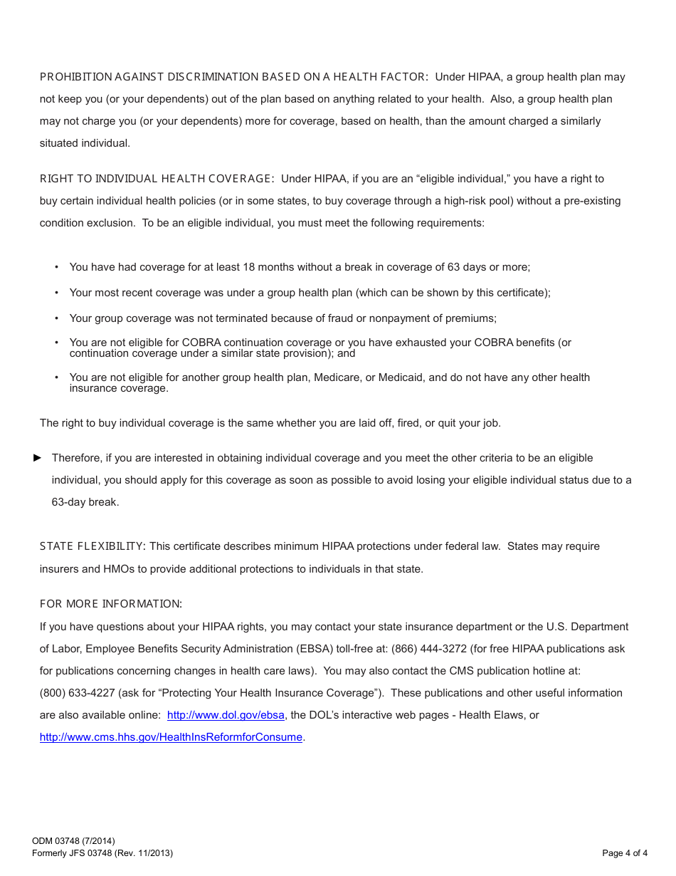 Form ODM03748 Certificate of Group Health Plan Coverage - Ohio, Page 4