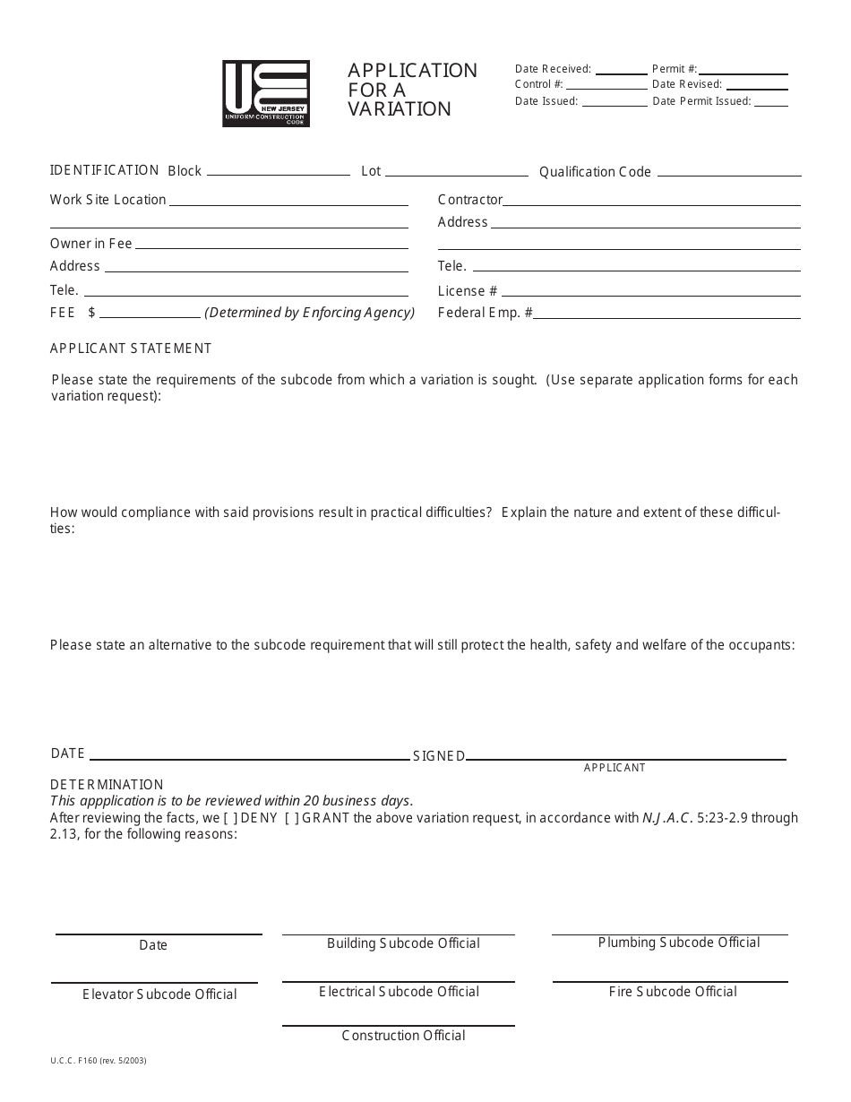 UCC Form F160 Application for a Variation - New Jersey, Page 1