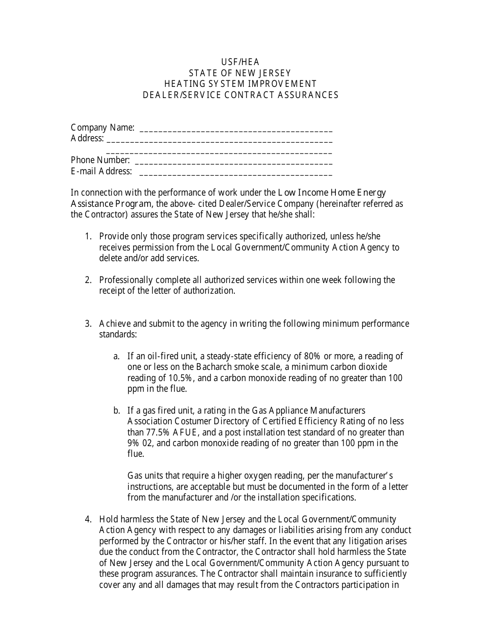 Heating System Improvement Dealer / Service Contract Assurances - New Jersey, Page 1