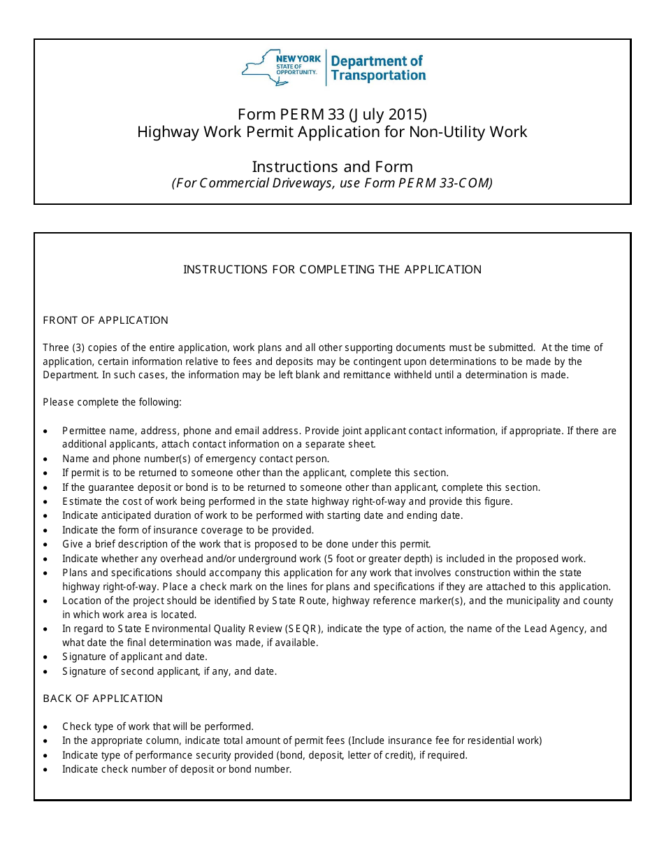 Form PERM33 Highway Work Permit Application for Non-utility Work - New York, Page 1