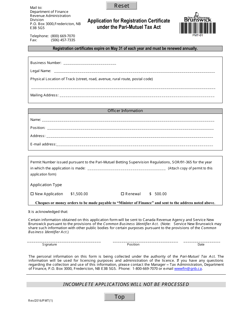 Form CSS-FOL-PMT-01E Application for Registration Certificate Under the Pari-Mutuel Tax Act - New Brunswick, Canada, Page 1