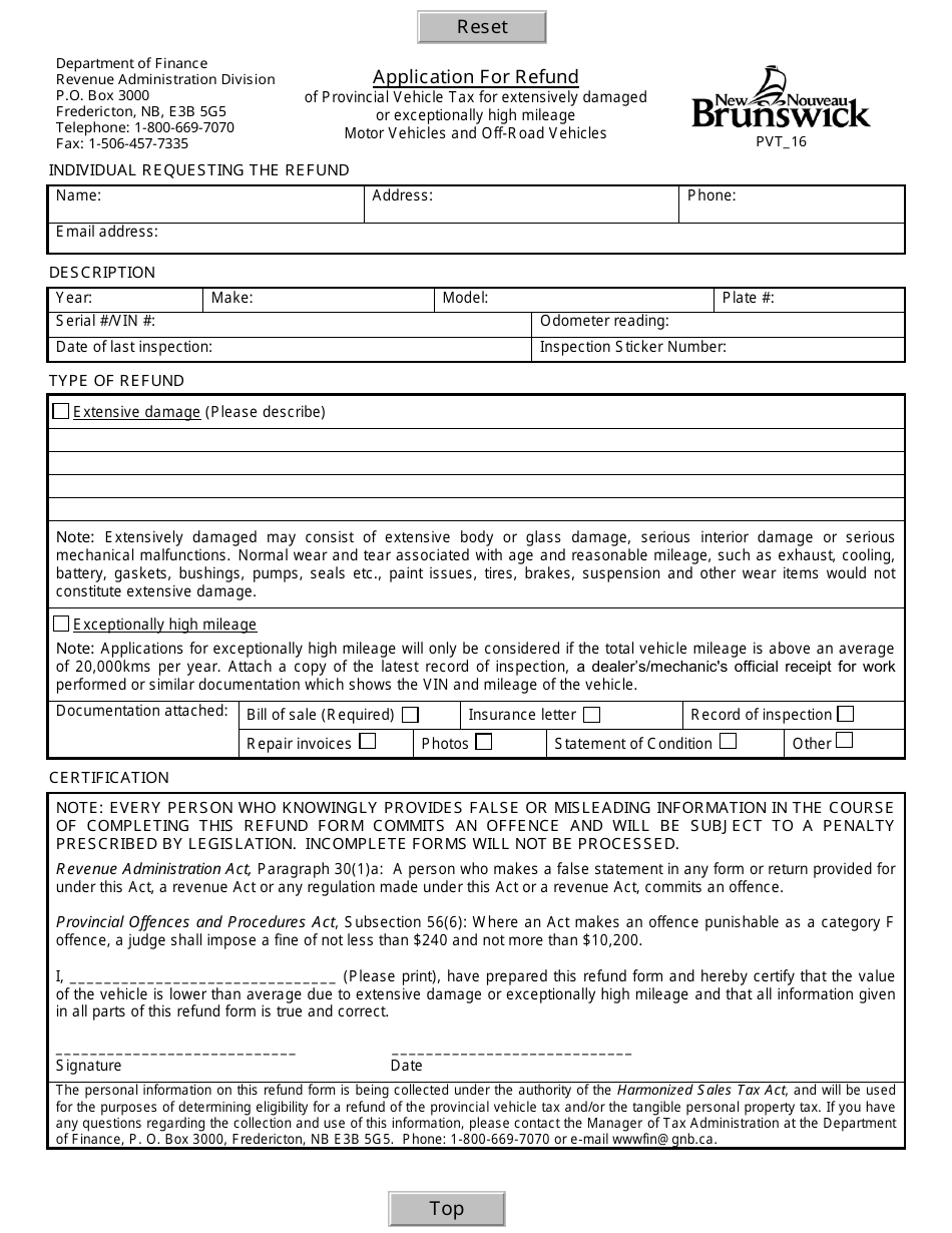 Application for Refund of Provincial Vehicle Tax for Extensively Damaged or Exceptionally High Mileage Motor Vehicles and off-Road Vehicles - New Brunswick, Canada, Page 1