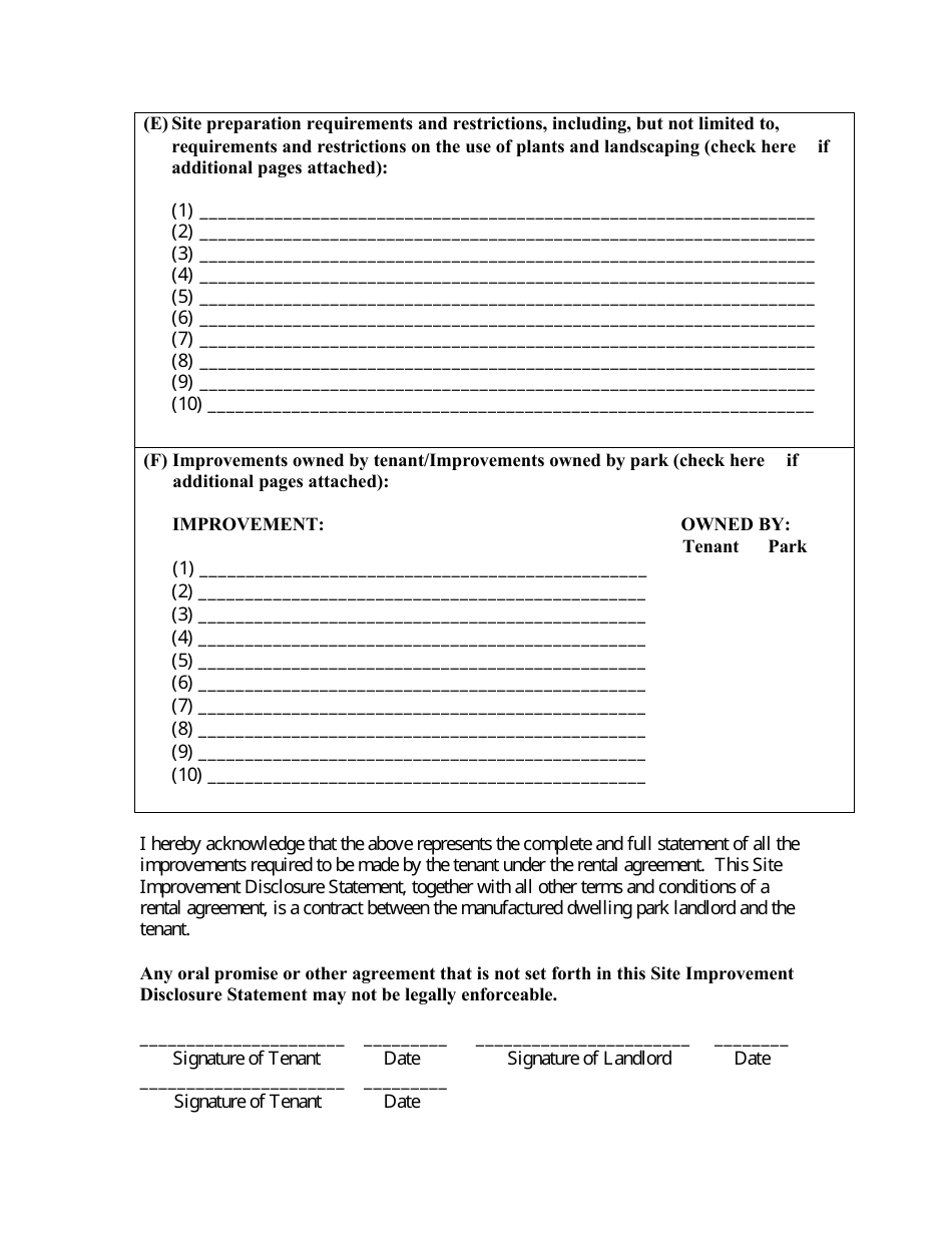 Manufactured Dwelling Park Landlords Site Improvement Disclosure Statement - Oregon, Page 3