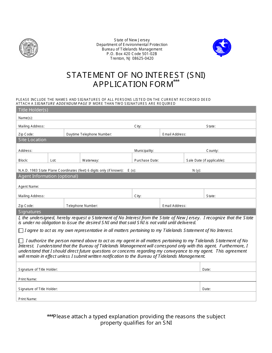 Statement of No Interest (Sni) Application Form - New Jersey, Page 1
