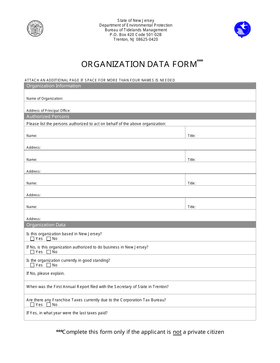Organization Data Form - New Jersey, Page 1