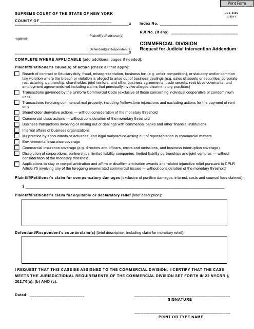 Form UCS-840C Commercial Division Request for Judicial Intervention Addendum - New York