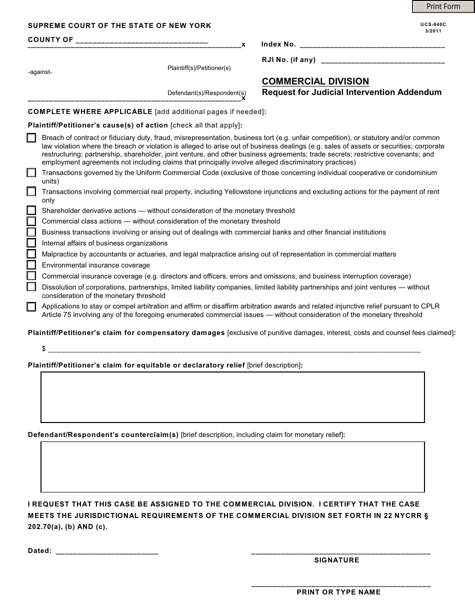 Form UCS-840C Commercial Division Request for Judicial Intervention Addendum - New York, Page 1