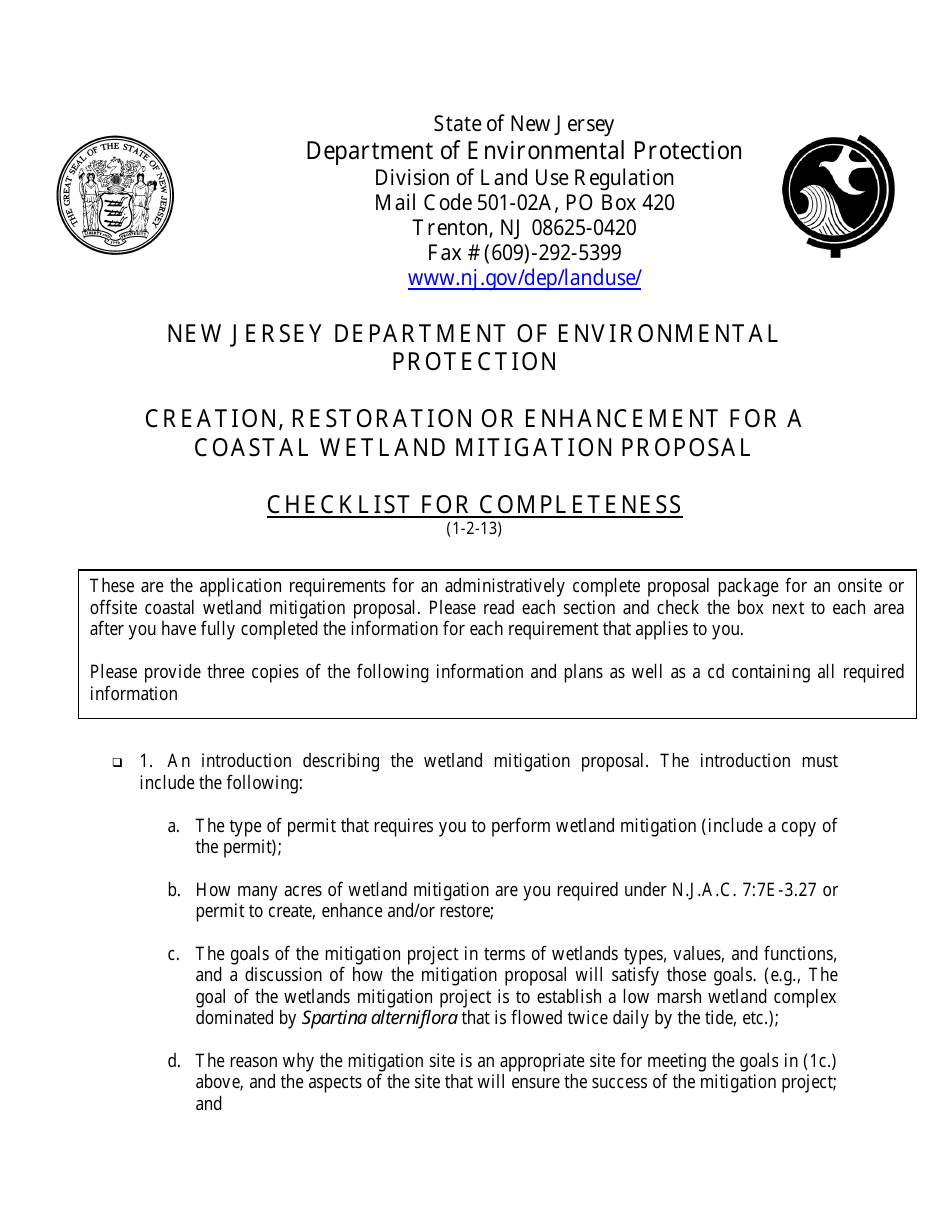 Creation, Restoration or Enhancement for a Coastal Wetland Mitigation Proposal Checklist - New Jersey, Page 1