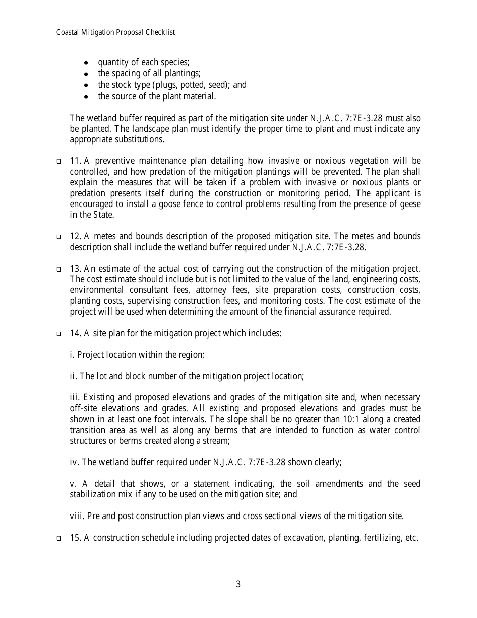 Creation, Restoration or Enhancement for a Coastal Wetland Mitigation Proposal Checklist - New Jersey, Page 3