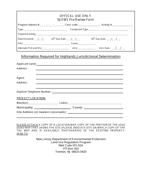 Njems Pre-review Form - Information Required for Highlands Jurisdictional Determination - New Jersey