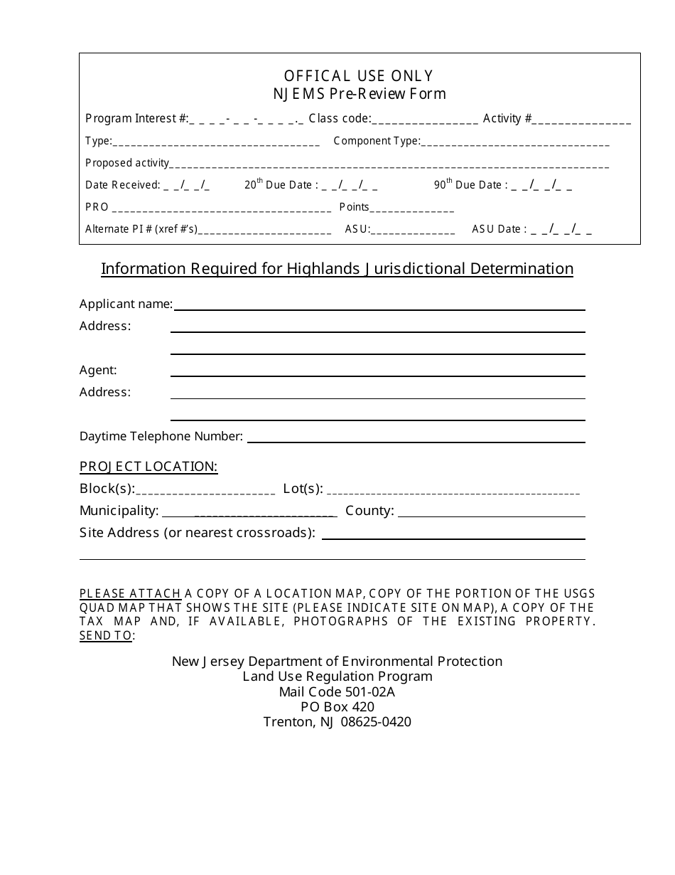 Njems Pre-review Form - Information Required for Highlands Jurisdictional Determination - New Jersey, Page 1