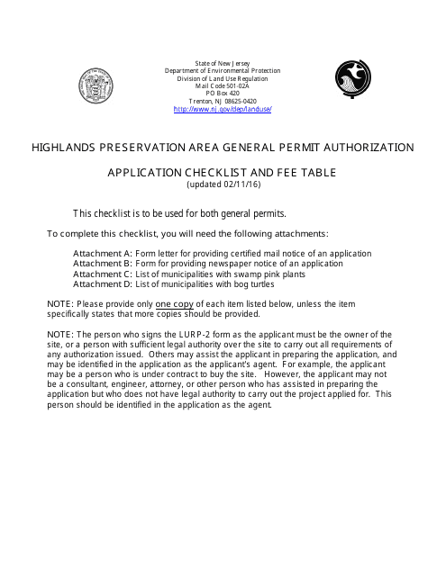 Highlands Preservation General Permit Authorization Application Checklist - New Jersey