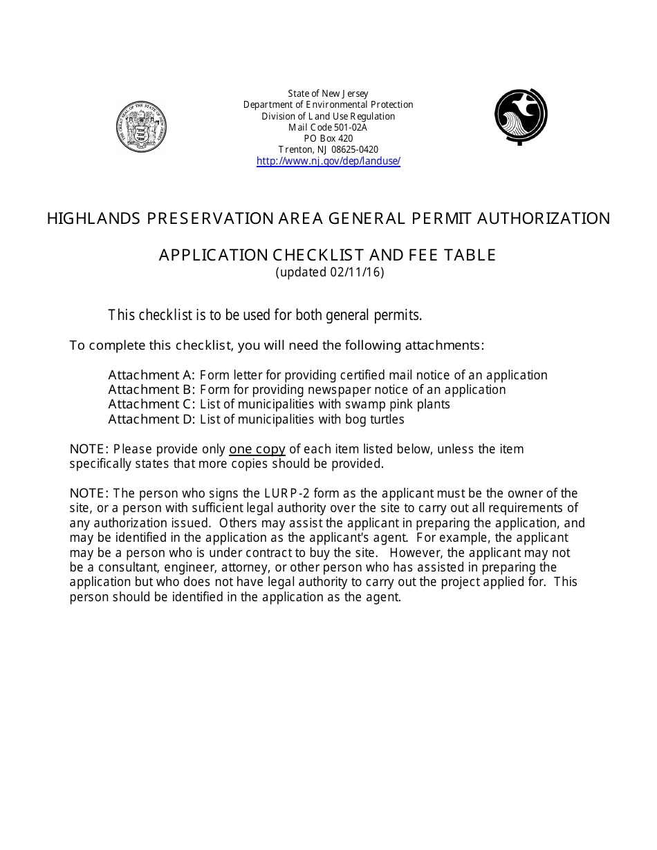 Highlands Preservation General Permit Authorization Application Checklist - New Jersey, Page 1