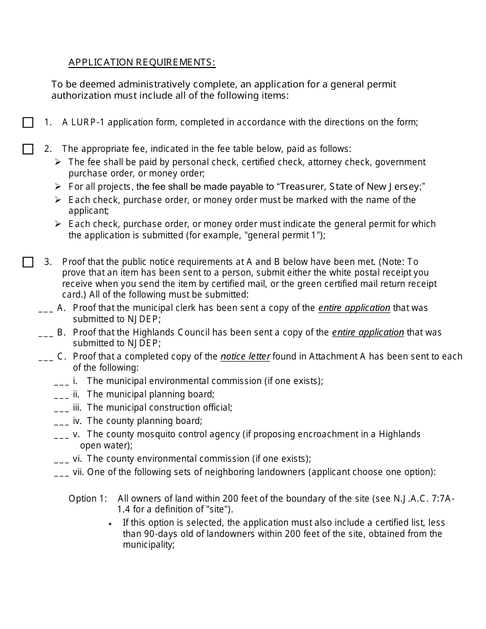 Highlands Preservation General Permit Authorization Application Checklist - New Jersey, Page 2