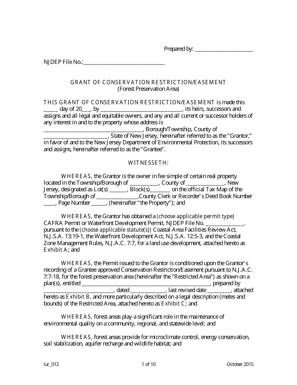 Grant of Conservation Restriction / Easement (Forest Preservation Area) - New Jersey, Page 1