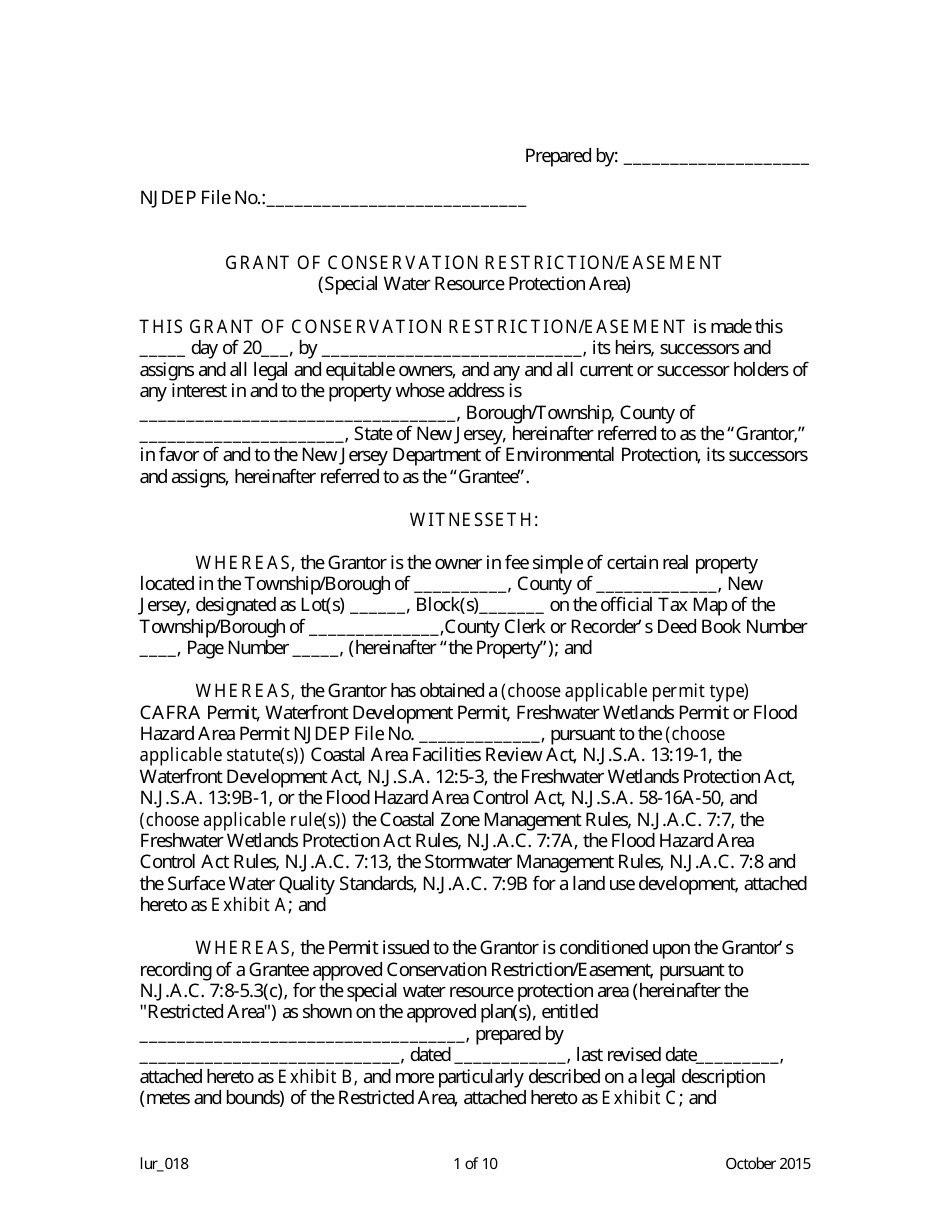 Grant of Conservation Restriction / Easement (Special Water Resource Protection Area) - New Jersey, Page 1