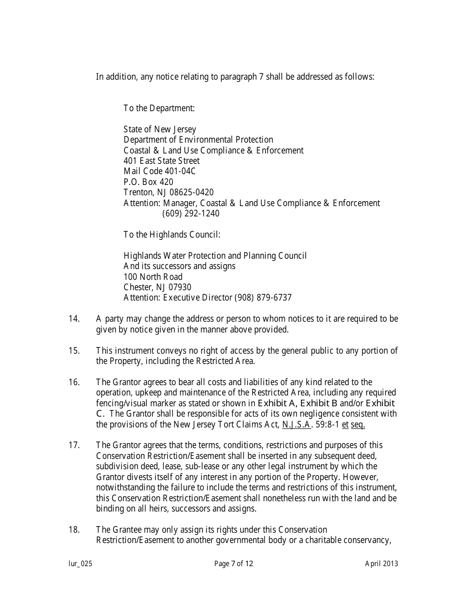 Grant of Conservation Restriction / Easement (Highlands Preservation Area Approval) - New Jersey, Page 7
