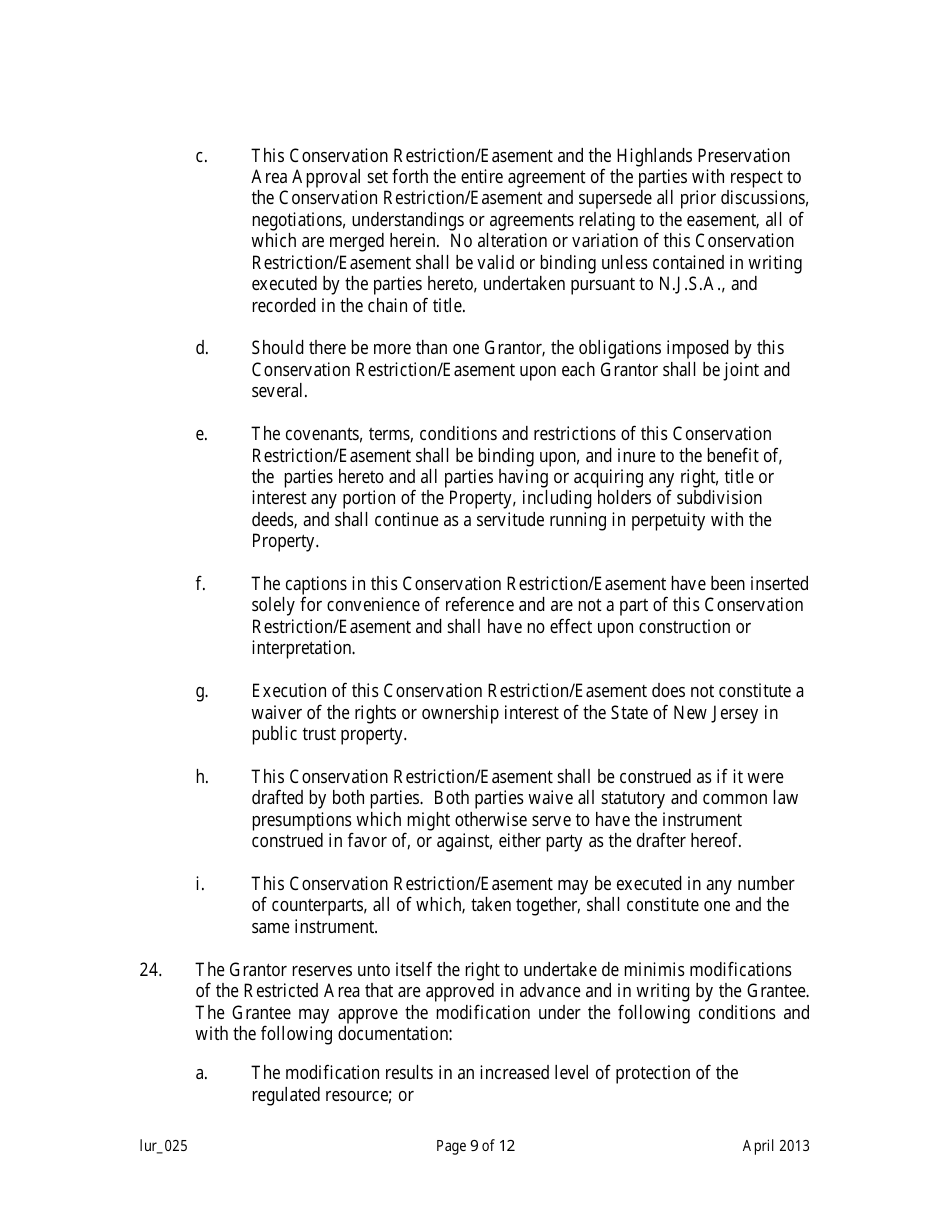 Grant of Conservation Restriction / Easement (Highlands Preservation Area Approval) - New Jersey, Page 9