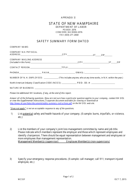 Appendix II Safety Summary Form - New Hampshire