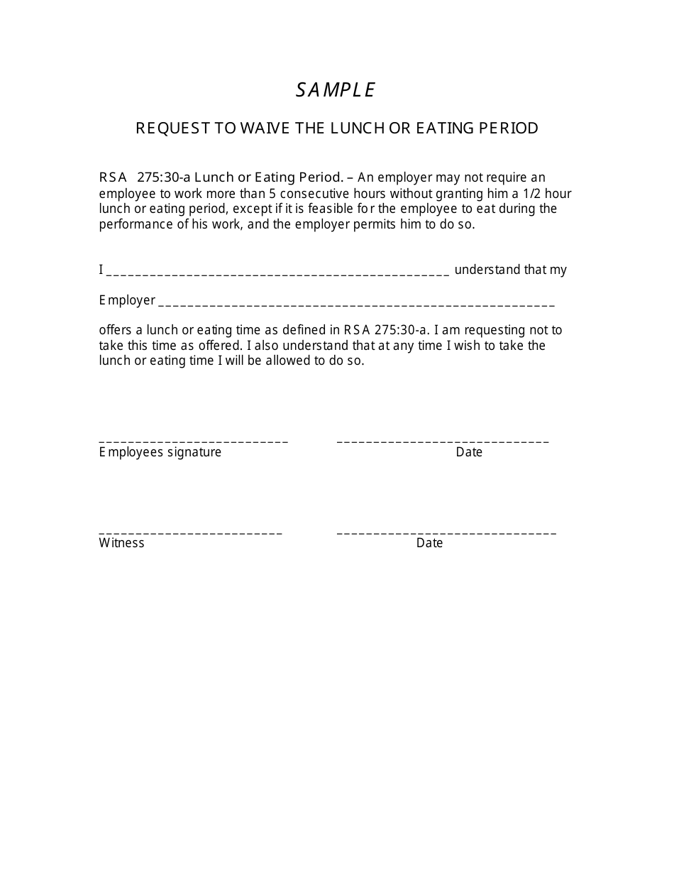 Sample Request to Waive the Lunch or Eating Period - New Hampshire, Page 1