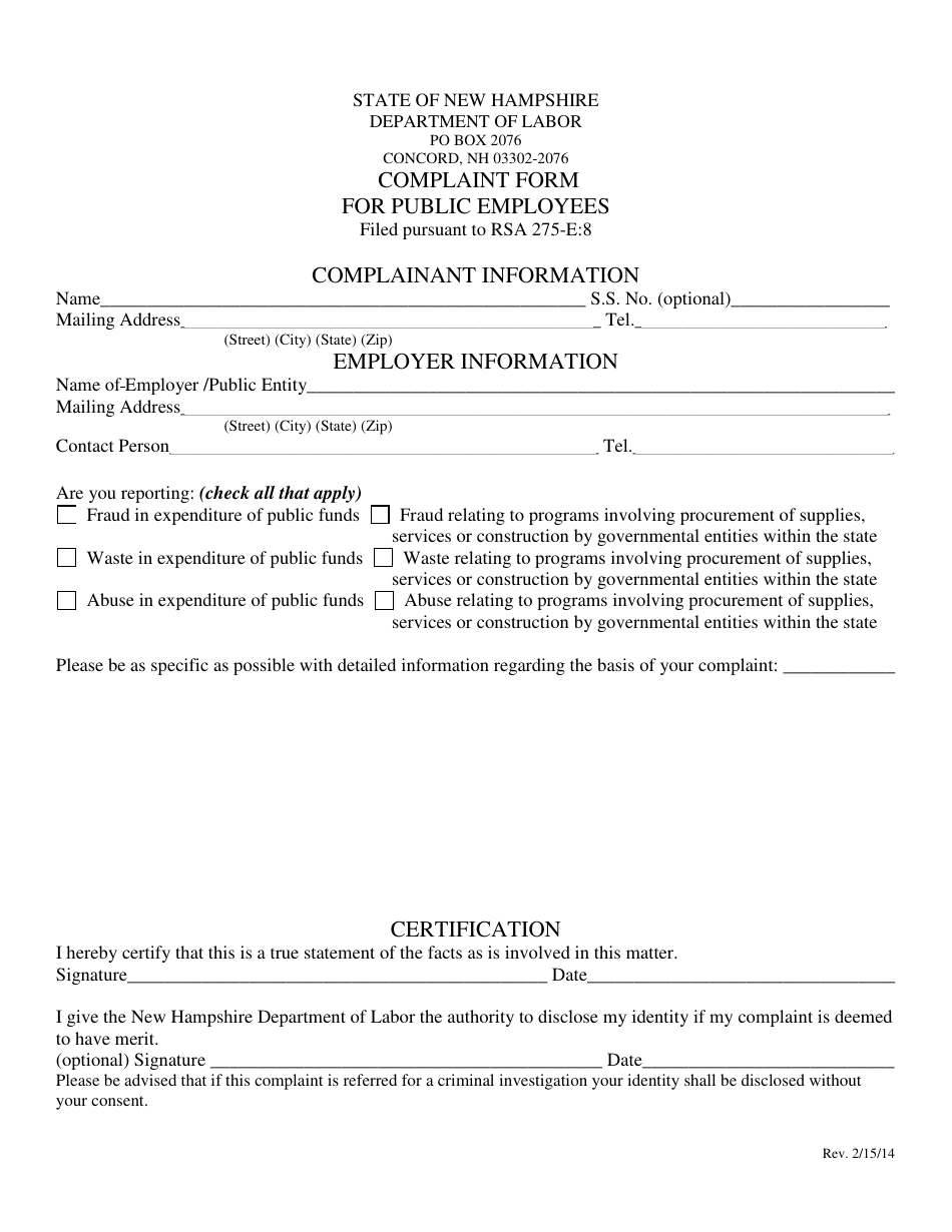 Public Employee Complaint Form - New Hampshire, Page 1