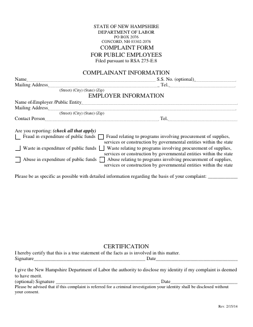 Public Employee Complaint Form - New Hampshire