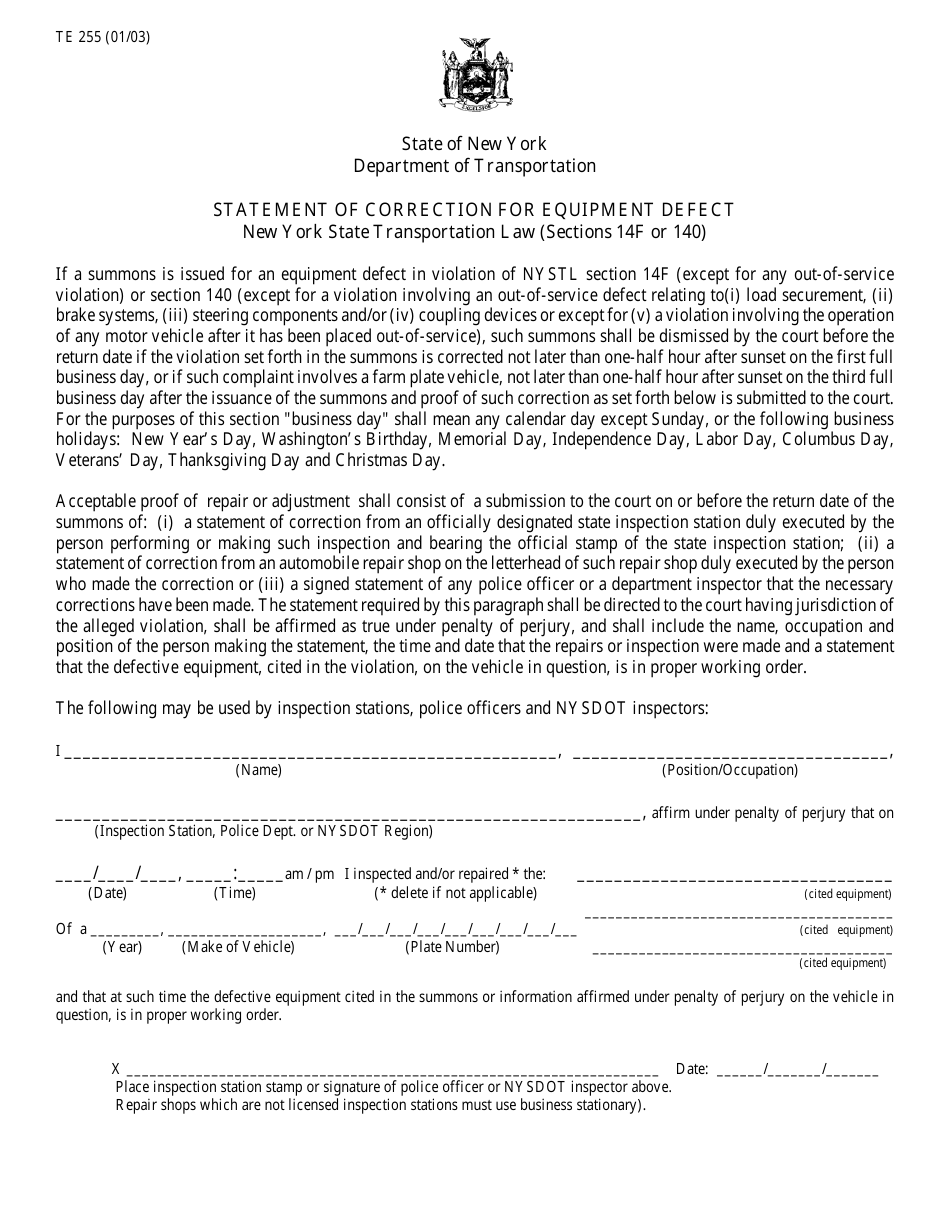 Form TE255 Statement of Correction for Equipment Defect - New York, Page 1