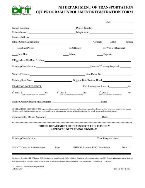 OJT Form 2 Ojt Program Enrollment/Registration Form - New Hampshire